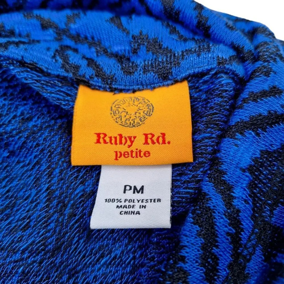 Ruby Rd Petite Med Blue Black Drawstring Cowl Neck Roll-Tab Sweater Top Pocket - Picture 7 of 9